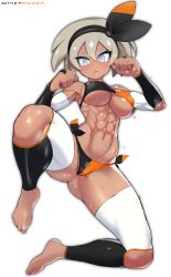 Rule 34 | 1girl, abs, adapted costume, artist name, bare shoulders, barefoot, bea (pokemon), bikini, black hairband, blue eyes, bow hairband, breasts, bridal gauntlets, bright pupils, clenched hands, closed mouth, covered erect nipples, creatures (company), fingernails, full body, game freak, gluteal fold, grey hair, gym leader, hair between eyes, hairband, hands up, highres, knee up, leggings, looking at viewer, medium breasts, medium hair, navel, nintendo, nisetanaka, partially visible vulva, pokemon, pokemon swsh, serious, shiny skin, side-tie bikini bottom, side-tie bottom, simple background, skindentation, solo, spread legs, stomach, sweat, swimsuit, tan, toes, toned, underboob, watermark, white background, white pupils