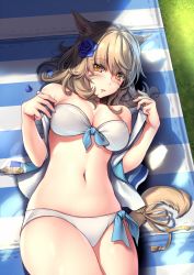 Rule 34 | 10s, 1girl, animal ears, aruma jiki, bandeau, bare shoulders, bikini, bikini under clothes, blue flower, blue rose, breasts, cat ears, cat tail, cleavage, cowboy shot, eyebrows, facial mark, final fantasy, final fantasy xiv, flower, from above, front-tie bikini top, front-tie top, grass, hair flower, hair ornament, jacket, jacket over swimsuit, light brown hair, long hair, looking at viewer, lying, medium breasts, miqo&#039;te, navel, off shoulder, on back, open clothes, open jacket, orange eyes, petals, rose, shade, short sleeves, side-tie bikini bottom, solo, stitches, stomach, strapless, striped, swimsuit, swimsuit under clothes, tail, warrior of light (ff14), white bikini