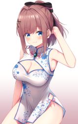 Rule 34 | 1girl, adjusting hair, blue eyes, blush, bow, breasts, brown hair, china dress, chinese clothes, cleavage, cleavage cutout, clothing cutout, commission, dress, hair bow, hair ornament, highres, light smile, looking at viewer, miso (misomiso 154), nijisanji, ponytail, sidelocks, skeb commission, solo, suzuhara lulu, virtual youtuber, white dress, x hair ornament
