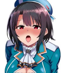 Rule 34 | 1girl, 323037, black hair, blush, breasts, cleavage, highres, kantai collection, large breasts, open mouth, red eyes, short hair, simple background, solo, takao (kancolle), tongue, tongue out, white background