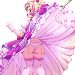 Rule 34 | 1girl, :o, ass, assisted exposure, blonde hair, bow, clothes lift, cure flora, cure flora (mode elegant), frills, from behind, garter belt, garter straps, gloves, go! princess precure, green eyes, harihisa, haruno haruka, kneepits, long skirt, looking back, multicolored hair, open mouth, panties, pink bow, pink hair, precure, simple background, skirt, skirt lift, solo, thighhighs, thighs, translation request, underwear, white background