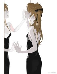 Rule 34 | 1girl, backless dress, backless outfit, black dress, blue eyes, breasts, brown hair, cleavage, dress, from behind, horikwawataru, long hair, looking ahead, mirror, neon genesis evangelion, open mouth, small breasts, solo, souryuu asuka langley, two side up, watermark, weibo logo, white background