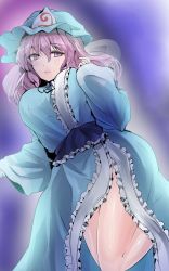 Rule 34 | 1girl, blue background, blue dress, blue hat, blue sash, blush, breasts, center frills, commentary request, dress, frills, gradient background, hair between eyes, hand up, hat, highres, jumping, large breasts, long hair, long sleeves, looking at viewer, mob cap, no panties, one-hour drawing challenge, pink eyes, pink hair, pink lips, purple background, saigyouji yuyuko, sash, side slit, solo, thighs, touhou, triangular headpiece, veil, wide sleeves, y2