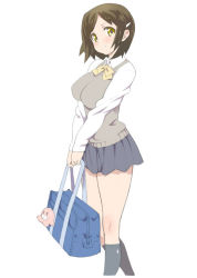 Rule 34 | 1girl, bag, blush, breasts, brown eyes, brown hair, hair ornament, hairclip, charm (object), large breasts, moccy48, octopus, original, school bag, school uniform, short hair, simple background, skirt, solo, sweater vest, v arms, white background