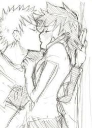 Rule 34 | 1boy, 1girl, against wall, arisawa tatsuki, artist request, bleach, blush, breasts, closed eyes, couple, facing another, french kiss, from side, hand on another&#039;s cheek, hand on another&#039;s face, hand up, hetero, kiss, kurosaki ichigo, lowres, medium breasts, monochrome, shirt, short hair, short sleeves, spiked hair, standing, wall