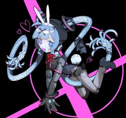 Rule 34 | 1girl, absurdres, animal ears, black background, black leotard, blue eyes, blue hair, bow, bowtie, breasts, bright pupils, cable hair, cheri zao, clothing cutout, cuffs, cutout above navel, fake animal ears, fake tail, hair ornament, handcuffs, hatsune miku, heart cutout, highres, joints, leotard, long hair, looking at viewer, necktie, pink background, pink pupils, pink theme, playboy bunny, rabbit ears, rabbit hole (vocaloid), rabbit tail, red bow, red bowtie, red necktie, restrained, robot girl, robot joints, small breasts, smug, solo, tail, twintails, very long hair, vocaloid, white pupils, x hair ornament