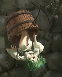 Rule 34 | 1girl, bare legs, barefoot, broken, bucket, commentary, english commentary, artistic error, falling, full body, green eyes, green hair, hair bobbles, hair ornament, highres, japanese clothes, kimono, kisume, long sleeves, looking up, medium hair, obi, open mouth, reddizen, sash, short kimono, solo, teeth, touhou, two side up, upside-down, white kimono, wide sleeves, wooden bucket, wrong hand