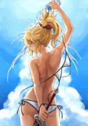 Rule 34 | 1girl, alternate breast size, arm behind back, arm up, ass, back, bare back, bikini, unworn bikini top, blonde hair, blue sky, blush, bottle, bracelet, braid, breasts, clarent (fate), closed eyes, closed mouth, day, fate/apocrypha, fate (series), french braid, from behind, hair ornament, hair scrunchie, highres, holding, holding bottle, holding sword, holding weapon, jewelry, long hair, medium breasts, mordred (fate), mordred (fate/apocrypha), ponytail, pouring, pouring onto self, red scrunchie, scrunchie, shoulder blades, sidelocks, sky, smile, solo, swimsuit, sword, tan, tanline, thighs, tonee, v-shaped eyebrows, water bottle, weapon, wet, white bikini