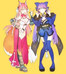 Rule 34 | 10s, 2girls, \n/, animal ears, arm guards, blue eyes, blue ribbon, blue thighhighs, breasts, capelet, center opening, choker, cleavage, cosplay, costume switch, cross, dress, fate/extra, fate/grand order, fate (series), fox ears, fox shadow puppet, fox tail, geta, hair ribbon, hand gesture, high heels, hime cut, japanese clothes, large breasts, leotard, long hair, looking at viewer, martha (fate), multiple girls, navel, obi, pink hair, pog (tojlko), purple hair, purple legwear, ribbon, sash, shin guards, short dress, showgirl skirt, tail, tamamo (fate), tamamo no mae (fate/extra), thighhighs, twitter username, very long hair, watermark, white ribbon, wide sleeves, yellow background, yellow eyes