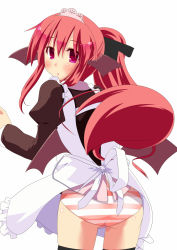 Rule 34 | 1girl, apron, ass, bad id, bad pixiv id, bat wings, embodiment of scarlet devil, female focus, from behind, hujikok, koakuma, long hair, looking back, maid headdress, no pants, panties, ponytail, red eyes, red hair, solo, striped clothes, striped panties, thighhighs, touhou, underwear, very long hair, wings
