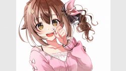 Rule 34 | 1girl, arm up, bracelet, brown eyes, brown hair, camisole, cherry blossoms, diamond hair ornament, flower, hair between eyes, hair ornament, hair ribbon, highres, holding, holding flower, hololive, jewelry, leaning back, light blush, long sleeves, looking at viewer, one side up, open mouth, pink shirt, ribbon, shigure0730, shirt, short hair, simple background, solo, star (symbol), star hair ornament, teeth, tokino sora, tokino sora (casual), upper teeth only, virtual youtuber, white background