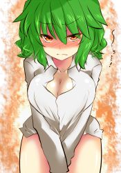 Rule 34 | 1girl, blush, bottomless, breasts squeezed together, breasts, cleavage, dress shirt, embarrassed, female focus, frown, green hair, highres, kazami yuuka, large breasts, leaning forward, looking at viewer, naked shirt, orange eyes, roki (hirokix), shirt, short hair, solo, tears, touhou, v arms