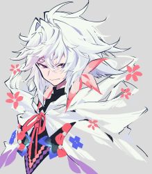 Rule 34 | 1boy, cloak, closed mouth, fate/grand order, fate (series), grey background, hair between eyes, highres, looking at viewer, male focus, merlin (fate/stay night), mochizuki kei, purple eyes, simple background, solo, upper body, white hair