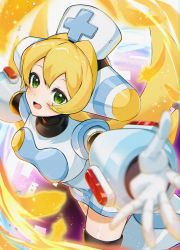 Rule 34 | 1girl, android, black thighhighs, blonde hair, blush, breasts, cinnamon (mega man), feathers, gotou (nekocat), green eyes, green hair, hat, headgear, helmet, highres, long hair, looking at viewer, mega man x: command mission, mega man x (series), mega man x dive, nurse, nurse cap, open mouth, outstretched hand, ponytail, robot, robot ears, smile, solo, thighhighs