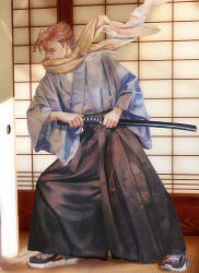 Rule 34 | 1boy, absurdres, black hakama, blue kimono, closed mouth, covered mouth, eyelashes, fighting stance, flipped hair, floating scarf, full body, hair between eyes, hakama, highres, id :invaded, indoors, japanese clothes, katana, kimono, long sleeves, male focus, natsuhiro, pink hair, profile, ready to draw, realistic, sakaido (id:invaded), scarf, shoes, short hair, shouji, sideburns, sliding doors, sneakers, solo, standing, sunlight, sword, tatami, traditional media, wardrobe error, weapon, yellow scarf