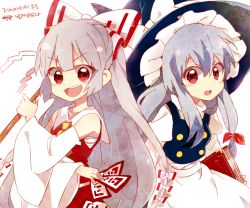 Rule 34 | &gt;:d, 2girls, 6 (yuchae), :d, apron, blue hair, blush, book, bow, cosplay, detached sleeves, fujiwara no mokou, gohei, hair bow, hair ornament, hair ribbon, hakurei reimu, hakurei reimu (cosplay), hat, hat ribbon, japanese clothes, kamishirasawa keine, kirisame marisa, kirisame marisa (cosplay), korean text, long hair, long sleeves, looking at viewer, miko, multiple girls, ofuda, open mouth, puffy sleeves, red bow, red eyes, ribbon, round teeth, sarashi, shirt, silver hair, simple background, skirt, skirt set, smile, teeth, text focus, touhou, translated, turtleneck, v-shaped eyebrows, vest, waist apron, white background, wide sleeves, witch hat