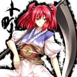 Rule 34 | 1girl, alternate breast size, female focus, flat chest, hair bobbles, hair ornament, onozuka komachi, red eyes, red hair, scythe, short hair, solo, symbol-shaped pupils, touhou, tro (trombe), twintails, two side up