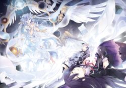 Rule 34 | angel, armor, armored dress, blue eyes, checkered floor, date a live, dress, feathered wings, hair between eyes, hand on own chest, highres, long hair, looking at another, multiple girls, purple hair, takamiya mio, tobiichi origami, tsunako, unconscious, white hair, wings, yatogami tooka