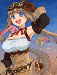 Rule 34 | 1girl, blue eyes, breasts, brittany shrewsbury, brown gloves, cleavage, gloves, goggles, goggles on head, long hair, looking at viewer, nagi mizuha, open mouth, smile, twintails, wild arms, wild arms: million memories