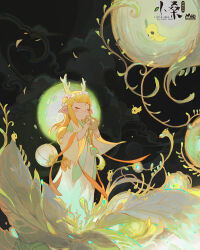Rule 34 | 1girl, antlers, blonde hair, blunt bangs, blush stickers, closed eyes, dress, falling leaves, flower, full moon, head wreath, holding, holding instrument, horns, instrument, leaf, long hair, long sleeves, moon, music, ocarina, original, playing instrument, pointy ears, solo, standing, wenjun lin, white dress, wide sleeves
