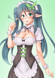 Rule 34 | 1girl, alternate costume, anti (untea9), apron, black dress, breasts, cleavage, corset, cowboy shot, dress, enmaided, gradient background, green background, highres, isuzu (kancolle), kantai collection, large breasts, long hair, maid, maid apron, maid headdress, pointy ears, ribbon, twintails