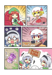 Rule 34 | +++, 5girls, ?, april fools, apron, ascot, blank eyes, blonde hair, blue sky, bookshelf, braid, bucket, chips (food), cleaning, closed eyes, colonel aki, comic, cup, emphasis lines, expressionless, flandre scarlet, flying sweatdrops, food, hair between eyes, hairband, hat, hat ribbon, holding, holding sign, hong meiling, izayoi sakuya, konpaku youmu, konpaku youmu (ghost), kotatsu, light purple hair, long sleeves, lying, maid, maid apron, maid headdress, mob cap, multiple girls, on ground, on stomach, open mouth, patchouli knowledge, potato chips, puffy short sleeves, puffy sleeves, purple hair, red eyes, remilia scarlet, ribbon, role reversal, shaded face, short sleeves, sign, silver hair, sitting, skirt, sky, smile, sparkle, spoken question mark, surprised, sweatdrop, table, teacup, teapot, thumbs up, touhou, translated, twin braids, vacuum cleaner, vest, wings