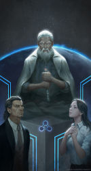 Rule 34 | 1girl, 2boys, beard, black hair, black jacket, cheng xin, collared shirt, crowgod, remembrance of earth&#039;s past, earth (planet), facial hair, grey necktie, highres, holding, jacket, long hair, looking at viewer, luo ji, multiple boys, necktie, old, old man, planet, shirt, sitting, staring, thomas wade, veins, veiny arms, white hair, white shirt