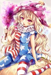 Rule 34 | 1girl, american flag dress, american flag legwear, blonde hair, clownpiece, fairy wings, hat, jester cap, long hair, pantyhose, red eyes, revision, sitting, solo, striped clothes, striped pantyhose, torch, touhou, ukita uuko, very long hair, wariza, wings