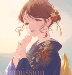 Rule 34 | 1girl, blue kimono, brown hair, commission, copyright request, floral print, flower, hair flower, hair ornament, hair up, japanese clothes, kanzashi, kimono, looking at viewer, nininiwa2, open mouth, own hands together, print kimono, red eyes, sidelocks, smile, solo, tassel, upper body, yellow nails