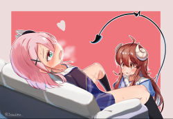 Rule 34 | 2girls, absurdres, after cunnilingus, afterglow, aftersex, ahoge, artist name, blue eyes, blush, border, breath, checkered clothes, checkered skirt, chiyoda momo, commentary request, couch, cross hair ornament, cum, demon girl, demon horns, demon tail, facial, fang, female ejaculation, food-themed hair ornament, food themed hair ornament, hair ornament, heart, highres, horns, kneeling, long hair, machikado mazoku, multiple girls, open mouth, orange eyes, pantyhose, peach hair ornament, pink border, pink hair, pussy juice, pussy juice stain, red background, red hair, saliva, school uniform, short hair, simple background, sitting, skin fang, skirt, suzushi moruto, sweat, tail, tears, wavy mouth, yoshida yuuko (machikado mazoku), yuri