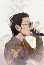 Rule 34 | 1boy, absurdres, black hair, bug, cheekbones, facial hair, grey shirt, hair slicked back, harumachi (hi-sugar), highres, holding, holding microphone, insect, long sleeves, male focus, microphone, moth, mustache, real life, ryoff karma, shirt, solo, sunglasses, upper body, white background