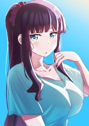 Rule 34 | 1girl, artist request, blouse, blue background, blue eyes, blunt bangs, breasts, highres, large breasts, long hair, looking at viewer, new game!, ponytail, purple hair, shirt, simple background, skirt, smile, solo, tagme, takimoto hifumi, very long hair, white shirt