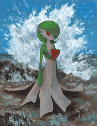Rule 34 | 1girl, arms at sides, blue sky, blush, bob cut, closed mouth, colored skin, creatures (company), day, expressionless, female focus, flat chest, game freak, gardevoir, gen 3 pokemon, green hair, green skin, hair over one eye, highres, light blush, looking to the side, multicolored skin, nintendo, nishinori (24no71), one eye covered, outdoors, pokemon, pokemon (creature), red eyes, short hair, sky, solo, splashing, standing, two-tone skin, water, white skin