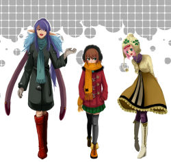Rule 34 | 00s, 3girls, blue hair, boots, brown hair, coat, contemporary, estellise sidos heurassein, female focus, gloves, judith (tales), kiyou sumomo, knee boots, long hair, multiple girls, pink hair, pointy ears, rita mordio, scarf, tales of (series), tales of vesperia, thighhighs, winter, winter clothes, winter coat