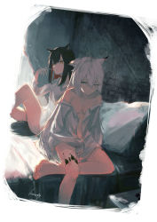 Rule 34 | 2girls, animal ears, arknights, artist name, bad id, bad pixiv id, bare legs, barefoot, bed, black hair, breasts, cigarette, collared shirt, crossed legs, grey eyes, grin, hair between eyes, half-closed eye, highres, indoors, lappland (arknights), long hair, long sleeves, looking at viewer, luxempty, material growth, medium breasts, midriff, multiple girls, naked shirt, navel, off shoulder, on bed, orange eyes, oripathy lesion (arknights), pillow, shirt, shirt slip, signature, silver hair, sitting, sleeves past wrists, smile, smoking, straight hair, tail, texas (arknights), white shirt, wolf ears, wolf tail, yuri