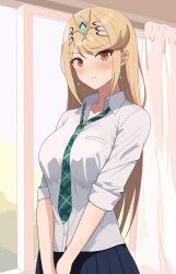 Rule 34 | 1girl, absurdres, alternate costume, blonde hair, blush, breasts, collared shirt, highres, jewelry, large breasts, long hair, looking at viewer, mythra (xenoblade), necktie, school uniform, shirt, skirt, sleeves rolled up, smile, solo, swept bangs, tiara, very long hair, xenoblade chronicles (series), xenoblade chronicles 2, yellow eyes, yoshikirino
