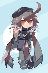 Rule 34 | 1girl, ahoge, arknights, beret, black footwear, black hat, black scarf, black shirt, black thighhighs, blue background, blush, brown hair, cape, chibi, commentary request, eating, food, full body, hair between eyes, hat, holding, holding food, holding spoon, ice cream cone, looking at viewer, multicolored hair, orange eyes, plume (arknights), sasa onigiri, scarf, shirt, short hair, simple background, solo, spoon, standing, thighhighs, two-tone hair, waffle cone, white hair