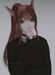 Rule 34 | 1girl, animal ears, aoi ogata, artist name, black choker, black sweater, brown hair, cat ears, choker, clip studio paint (medium), closed mouth, commentary, commission, english commentary, facial mark, final fantasy, final fantasy xiv, grey background, hand tattoo, hand up, highres, long hair, long sleeves, looking at viewer, ponytail, purple eyes, red lips, ribbed sweater, simple background, sleeves past wrists, solo, sweater, tattoo, upper body, whisker markings