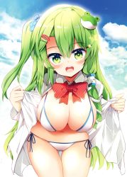 Rule 34 | 1girl, alternate hairstyle, bikini, blue sky, blush, bow, bowtie, breasts, cloud, commentary request, cowboy shot, day, frog hair ornament, green eyes, green hair, hair between eyes, hair ornament, hair tubes, hairclip, highres, kochiya sanae, large breasts, leaning forward, long hair, long sleeves, looking at viewer, maturiuta sorato, navel, one side up, open clothes, open mouth, open shirt, outdoors, red bow, red bowtie, shirt, side-tie bikini bottom, sidelocks, sky, smile, snake hair ornament, solo, sparkle, standing, star-shaped pupils, star (symbol), star hair ornament, stomach, swimsuit, symbol-shaped pupils, thighs, touhou, very long hair, white bikini, white shirt