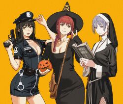 3girls alternate_costume bible_(object) black_choker black_dress black_hair book braid braided_ponytail breasts chainsaw_man choker cleavage collarbone commentary cow cuffs dress fami_(chainsaw_man) fingernails fishnet_pantyhose fishnets gun habit halloween_costume handcuffs handgun hat highres holding holding_book holding_gun holding_weapon looking_at_viewer makima_(chainsaw_man) medium_breasts mole mole_under_eye mole_under_mouth multiple_girls multiple_moles nail_polish nun orange_background pantyhose partially_unzipped peaked_cap police police_uniform policewoman pumpkin purple_hair red_hair ringed_eyes scar scar_on_face shiren_(ourboy83) siblings simple_background sisters smile traditional_nun v weapon witch_hat yoru_(chainsaw_man)