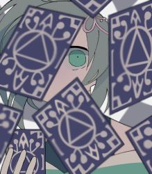 Rule 34 | 1girl, anna mel, bad id, bad pixiv id, blurry, card, close-up, covered mouth, depth of field, empty eyes, expressionless, green eyes, green hair, hand up, headpiece, high ponytail, holding, holding card, looking at viewer, magia record: mahou shoujo madoka magica gaiden, mahou shoujo madoka magica, muted color, off shoulder, one eye covered, ponytail, simple background, sleeveless, solo, tareme, tarot, too many, triangle, upper body, white background, wide-eyed, yuri7s0