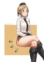 Rule 34 | 1girl, black necktie, blonde hair, blouse, boots, collared shirt, crossed legs, garrison cap, girls&#039; frontline, gloves, hat, highres, invisible chair, knee boots, mp40 (girls&#039; frontline), necktie, pencil skirt, ponytail, shirt, simple background, sitting, skirt, solo, thick thighs, thighs, triangle bullet, white shirt, yellow eyes