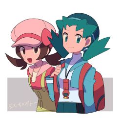Rule 34 | 2girls, :d, alternate color, backpack, bag, bow, brown eyes, brown hair, cabbie hat, closed mouth, commentary, creatures (company), cropped jacket, eyelashes, game freak, green hair, green headwear, green jacket, hat, hat bow, highres, holding strap, jacket, kris (pokemon), long hair, looking at viewer, lyra (pokemon), multiple girls, nintendo, open mouth, pink headwear, pink shirt, pokemon, pokemon masters ex, red bag, shirt, smile, tongue, translated, twintails, tyako 089, undershirt, yellow overalls
