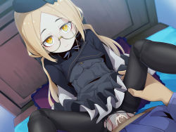 Rule 34 | 1boy, 1girl, black legwear, blonde hair, censored, clothed sex, cum, cum in pussy, doll, doll joints, dutch angle, glasses, hat, hetero, highres, joints, long hair, looking at viewer, missionary, mosaic censoring, ogami kazuki, original, penis, pov, round eyewear, sex, smile, spread legs, torn clothes, torn legwear, vaginal, yellow eyes