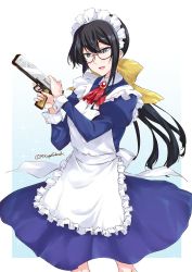 Rule 34 | 1girl, alternate costume, alternate hairstyle, andou mahoro, andou mahoro (cosplay), apron, black hair, blue dress, bow, commentary request, cosplay, cowboy shot, dress, enmaided, frilled apron, frills, green eyes, gun, kantai collection, kawasumi ayako, long hair, low ponytail, mahoromatic, maid, maid headdress, mikage takashi, ooyodo (kancolle), open mouth, voice actor connection, semi-rimless eyewear, solo, under-rim eyewear, weapon, weapon request, white apron, yellow bow