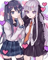 Rule 34 | 2girls, :d, black jacket, black ribbon, black skirt, blouse, blue bow, blue bowtie, blue skirt, bow, bowtie, braid, breasts, brown necktie, collarbone, collared shirt, commentary, cowboy shot, danganronpa: trigger happy havoc, danganronpa (series), grey hair, grey shirt, hair ornament, hair ribbon, hairclip, hands up, heart, highres, jacket, kirigiri kyoko, long hair, maizono sayaka, medium breasts, multiple girls, necktie, open clothes, open jacket, open mouth, own hands together, pink bow, pink bowtie, plaid, plaid skirt, pleated skirt, ribbon, sailor collar, shiny skin, shirt, side braid, skindentation, skirt, smile, symbol-only commentary, thighhighs, yuma (yumachansan)