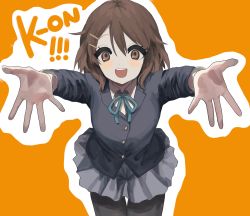 Rule 34 | 1girl, absurdres, black pantyhose, blush, brown eyes, brown hair, commentary request, copyright name, grey skirt, hair ornament, hairclip, highres, hirasawa yui, jacket, k-on!, long sleeves, neck ribbon, open mouth, outstretched arms, pantyhose, ribbon, short hair, simple background, skirt, solo, tachibana wataru (123tsuki), two-tone background