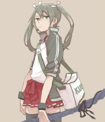 Rule 34 | 1girl, blush, closed mouth, commentary request, double vertical stripe, green eyes, green hair, hakama, hakama short skirt, hakama skirt, holding, jacket, japanese clothes, kantai collection, light blush, long hair, long sleeves, looking at viewer, open clothes, open jacket, ree (re-19), romaji text, skirt, solo, translation request, twintails, zuikaku (kancolle)