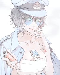 Rule 34 | 1girl, :o, aviator cap, aviator sunglasses, bad id, bad pixiv id, between breasts, breasts, brown eyes, cigarette, flat color, glasses, heart, heart-shaped pupils, highres, jacket, jacket on shoulders, lighter, looking at viewer, milk carton, short hair, simple background, skindentation, smoking, sunglasses, symbol-shaped pupils, teyuruun, white background