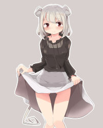 Rule 34 | 1girl, absurdres, animal ears, black shirt, blush, closed mouth, clothes lift, commentary, gluteal fold, grey hair, highres, lifting own clothes, long skirt, long sleeves, mouse ears, mouse tail, mukuroi, nazrin, red eyes, see-through, shirt, short hair, skirt, skirt lift, solo, tail, thigh gap, thighs, touhou, white skirt